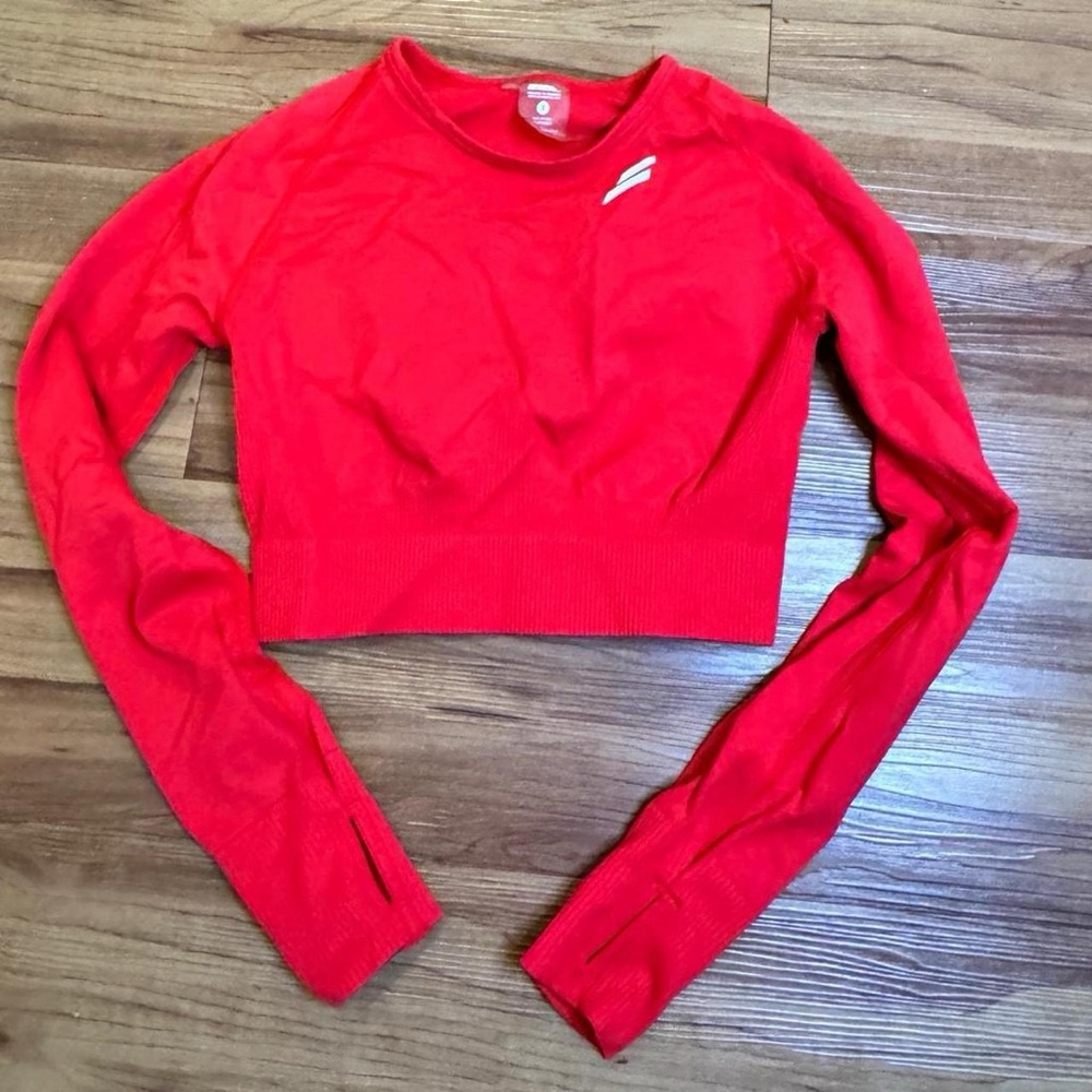 Women's Pink- Red Long Sleeve Crop Workout Top | with supportive bust panels | S